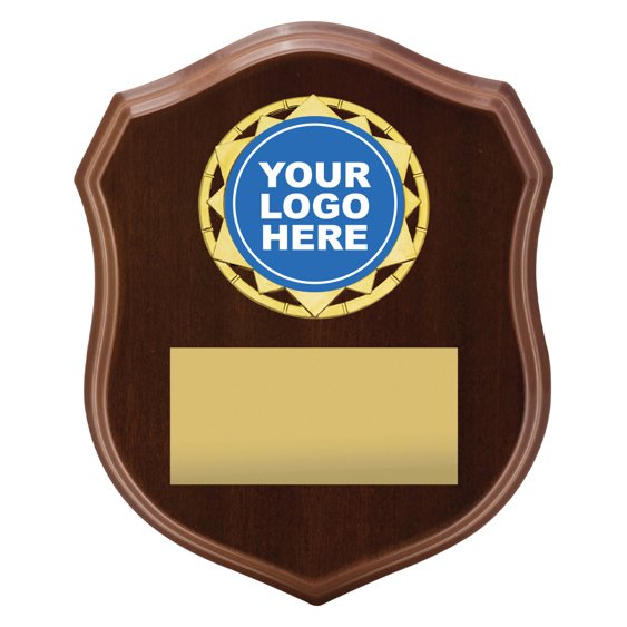 Small walnut finish shield plaque with gold star logo insert and large engraving plate, suitable for perpetual awards and achievement recognition.