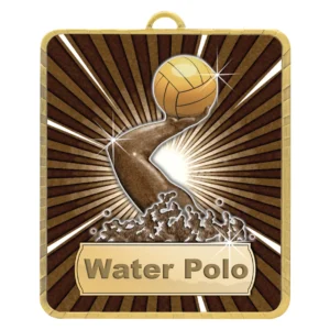 Gold water polo medal with hand holding ball and splash effect on starburst background with Water Polo text