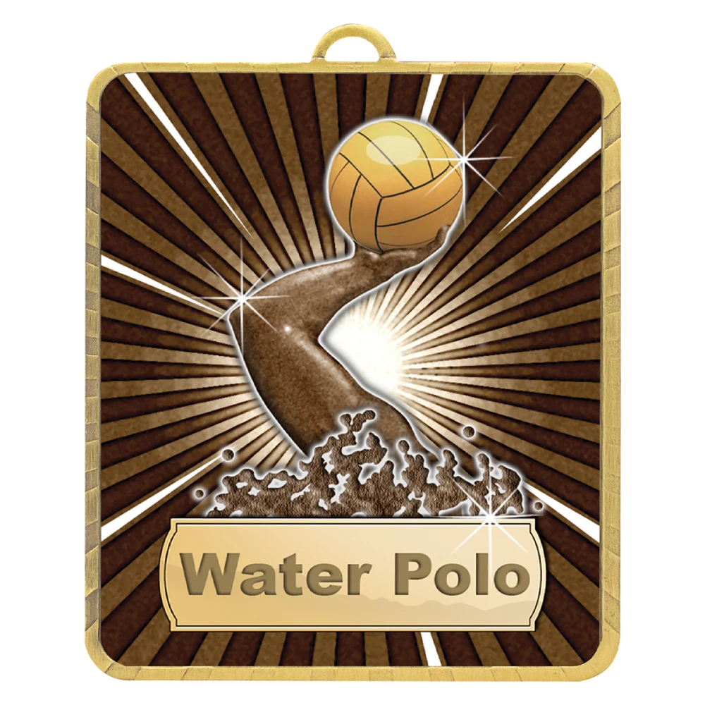 Gold water polo medal with hand holding ball and splash effect on starburst background with Water Polo text