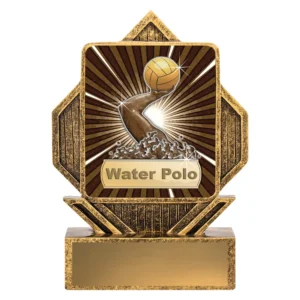 Gold resin water polo trophy with hexagon frame and insert showing hand holding ball with splash and Water Polo text on base with engraving plate