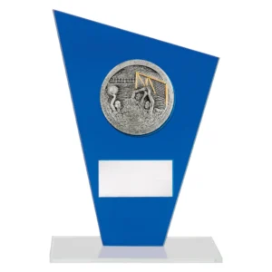 Water polo blue glass award with angled panel, goalkeeper save design, and engraving plate