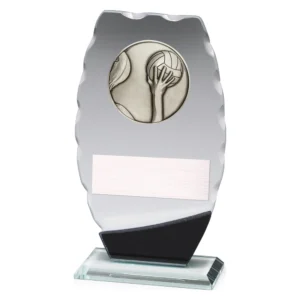Small water polo frosted glass award with wavy edge, hand and ball design, black base, and engraving plate