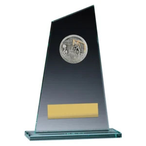 Water polo glass award with slanted panel design, goalkeeper scene medal, and engraving plate