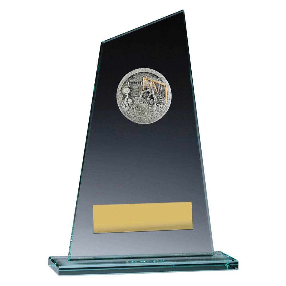 Water polo glass award with slanted panel design, goalkeeper scene medal, and engraving plate
