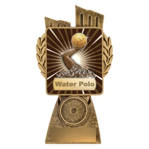 Small water polo gold resin trophy with sunburst player design, square centre panel, and engraving plate
