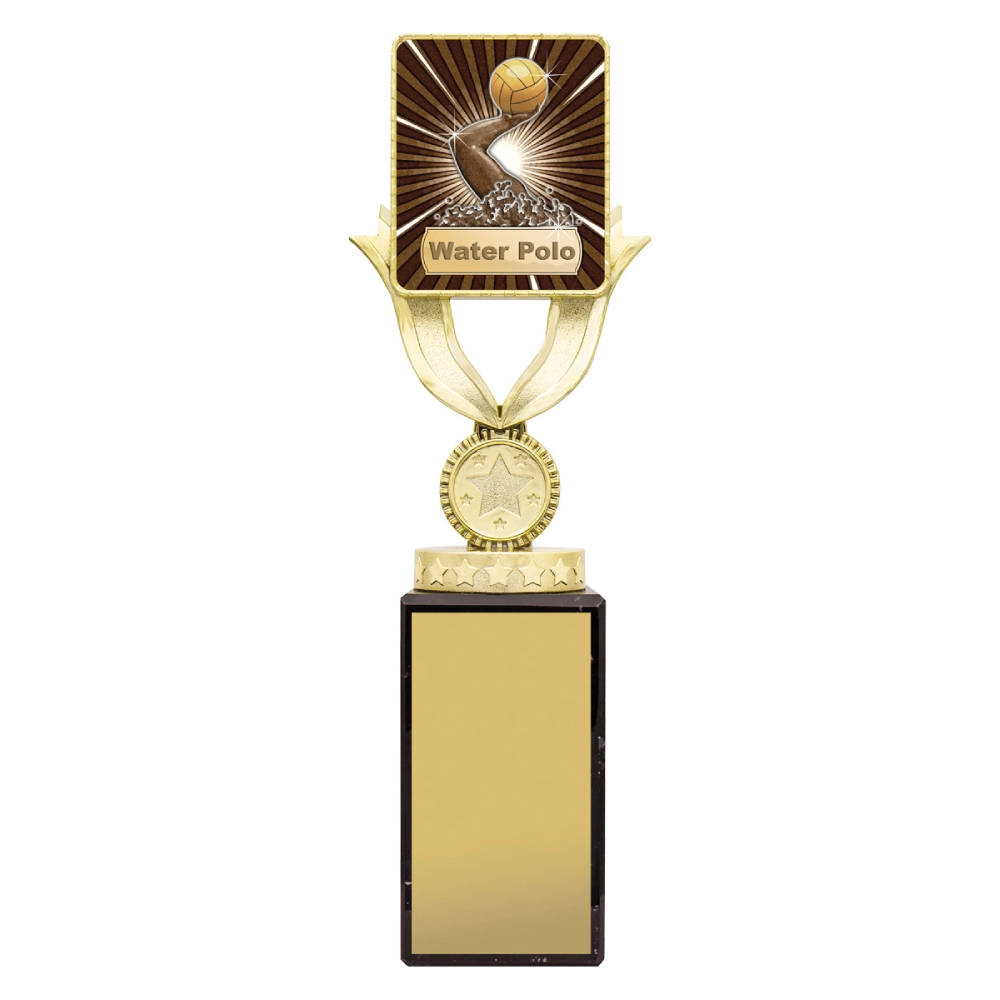 Extra large water polo gold trophy with sunburst player design, square top panel, and engraving plate