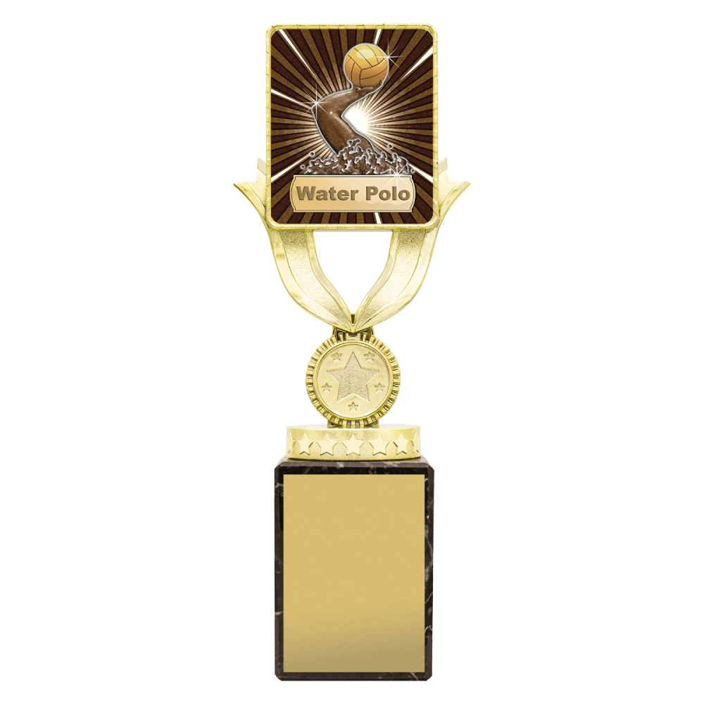 Large water polo gold trophy with sunburst player design, square top panel, and engraving plate