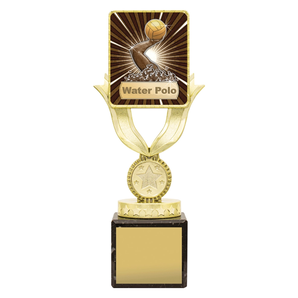 Medium water polo gold trophy with sunburst player design, square top panel, and engraving plate