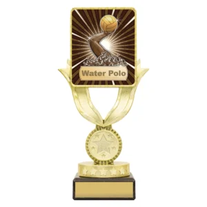 Small water polo gold trophy with sunburst player design, square top panel, and engraving plate