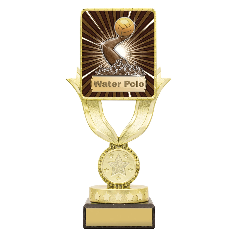 Small water polo gold trophy with sunburst player design, square top panel, and engraving plate