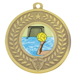 Gold water polo medal with laurel wreath and star border, colour insert showing ball, hand, and goal