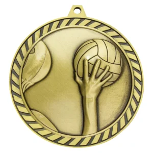 Gold water polo medal with striped border and raised hand holding ball design