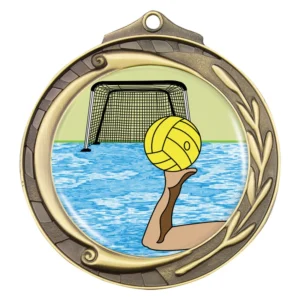Gold water polo medal with wreath border and colour insert showing ball, hand, and goal