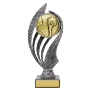 Small water polo modern resin trophy with curved wave design, hand and ball emblem, and engraving plate