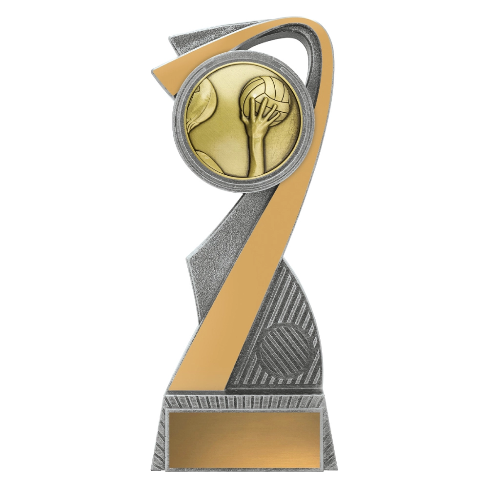 Extra large water polo resin trophy with abstract swoosh design, hand and ball emblem, and engraving plate
