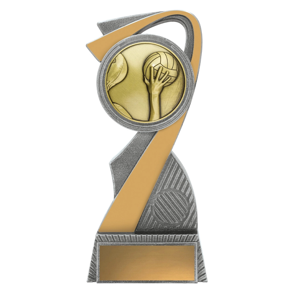 Large water polo resin trophy with abstract swoosh design, hand and ball emblem, and engraving plate