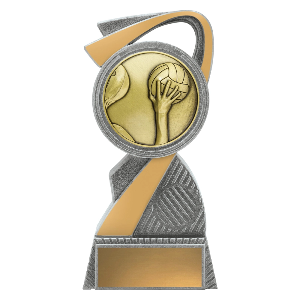 Medium water polo resin trophy with abstract swoosh design, hand and ball emblem, and engraving plate