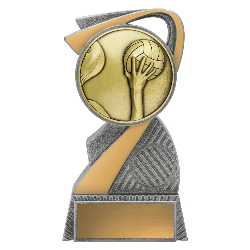 Small water polo resin trophy with abstract swoosh design, hand and ball emblem, and engraving plate