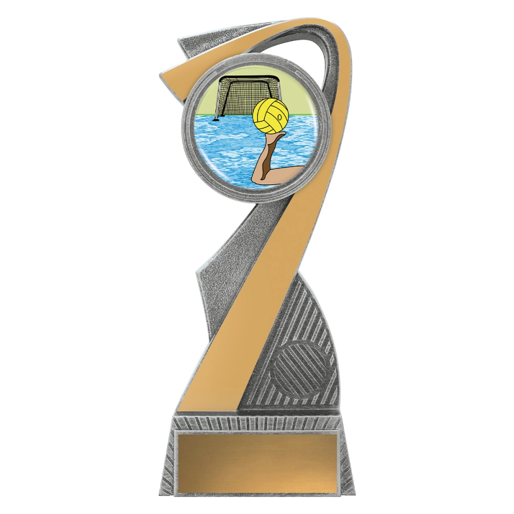 Extra large water polo resin trophy with curved swoosh design, colour dome showing ball and goal, and engraving plate