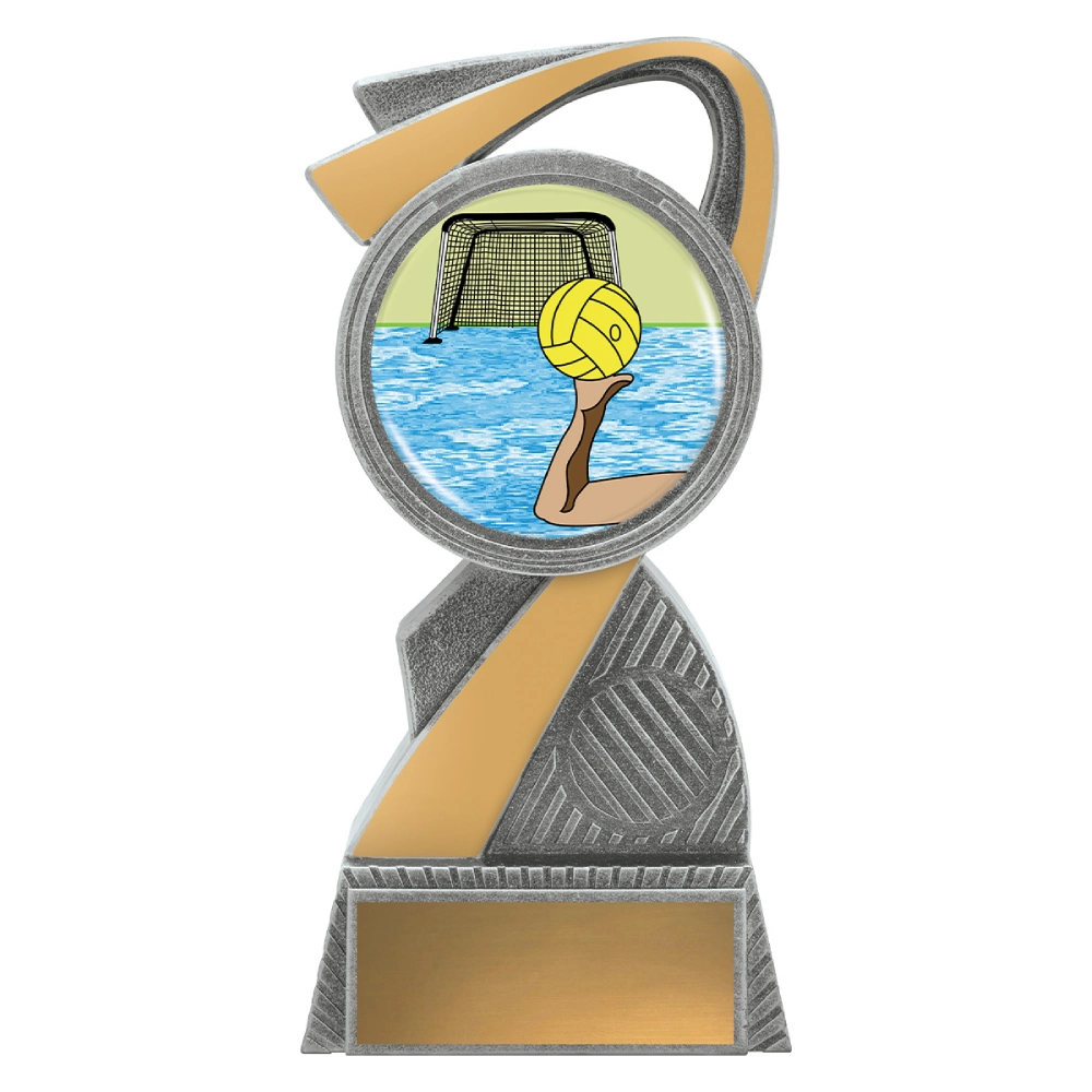 Medium water polo resin trophy with curved swoosh design, colour dome showing ball and goal, and engraving plate
