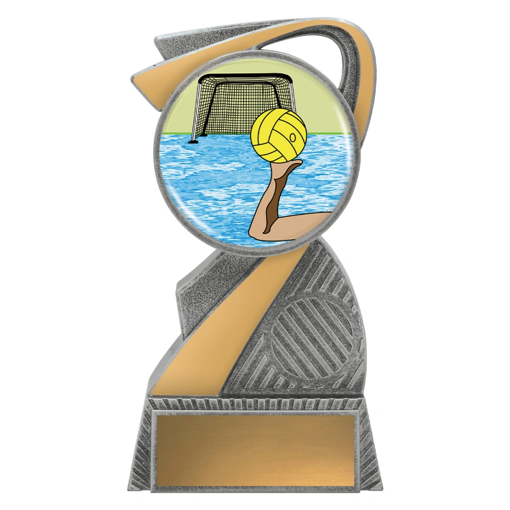 Small water polo resin trophy with curved swoosh design, colour dome showing ball and goal, and engraving plate