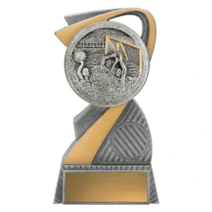 Small water polo resin trophy with curved swoosh design, goalkeeper scene medal, and engraving plate