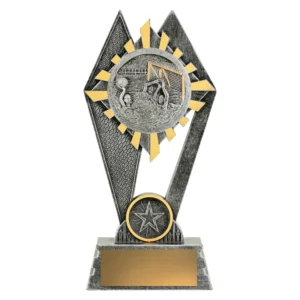 Small water polo resin trophy with diamond frame, sunburst detail, goalkeeper scene medal, and engraving plate