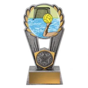 Small water polo resin trophy with laurel design, colour dome showing ball and goal scene, and engraving plate
