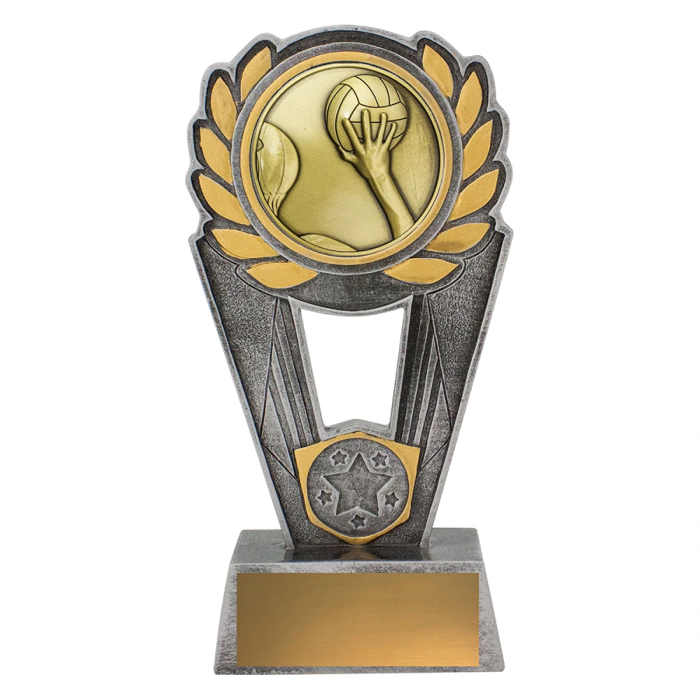 Large water polo resin trophy with laurel wreath, hand and ball design, star detail, and engraving plate