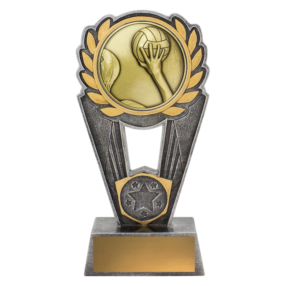 Medium water polo resin trophy with laurel wreath, hand and ball design, star detail, and engraving plate