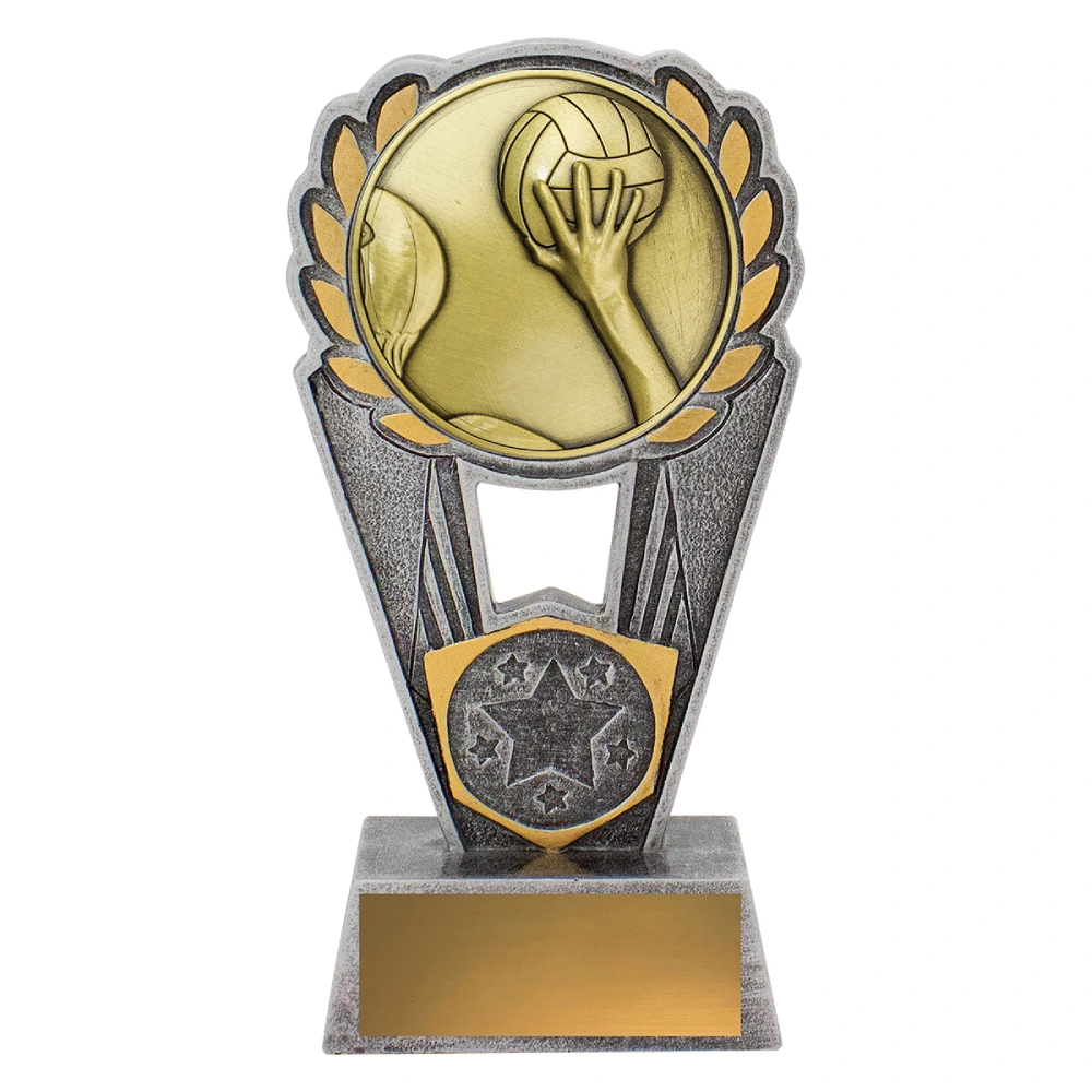 Small water polo resin trophy with laurel wreath, hand and ball design, star detail, and engraving plate