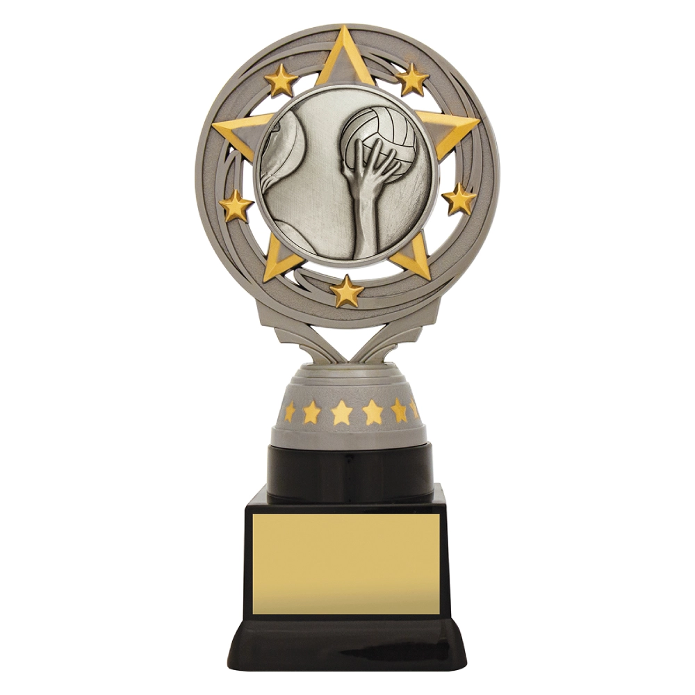 Large water polo resin trophy with star ring design, hand and ball emblem, and engraving plate