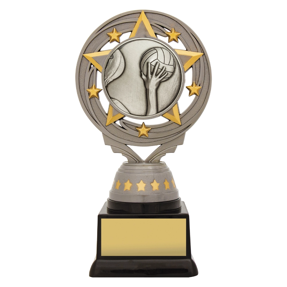 Medium water polo resin trophy with star ring design, hand and ball emblem, and engraving plate