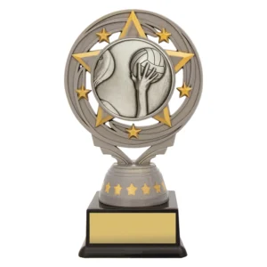 Small water polo resin trophy with star ring design, hand and ball emblem, and engraving plate
