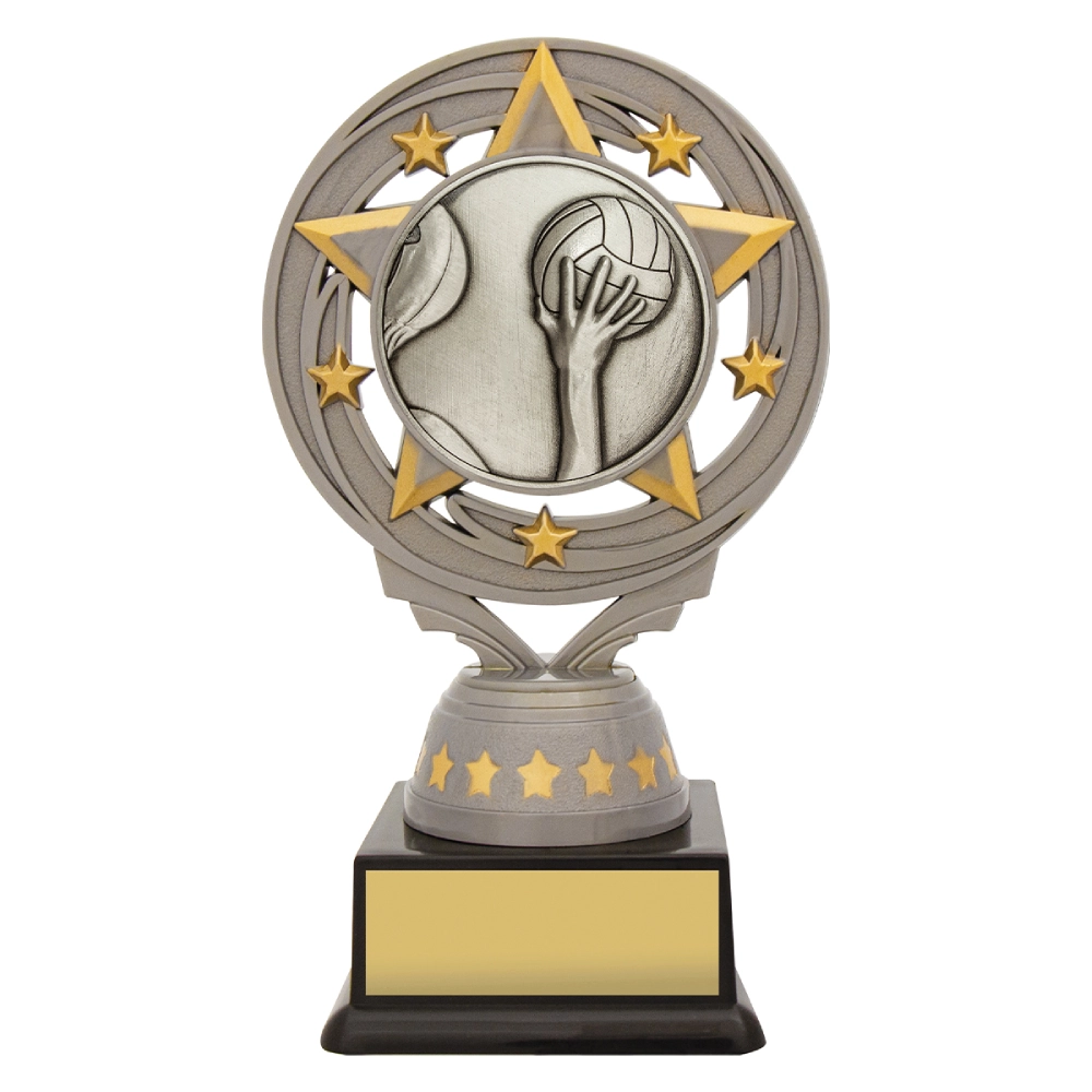 Small water polo resin trophy with star ring design, hand and ball emblem, and engraving plate