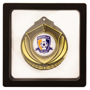 Gold soccer medal with central club logo insert, mounted in a square black wooden presentation frame with white mat board.