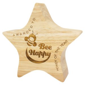 Solid wooden star award with engraved bee graphic and recognition text on front