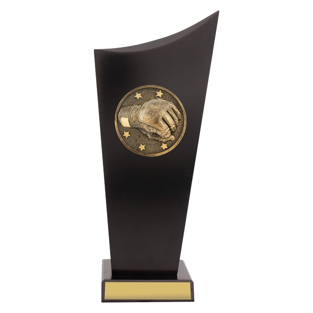 Large black curved panel wrestling trophy with gold wrestling glove emblem and stars on front with gold engraving plate on base.