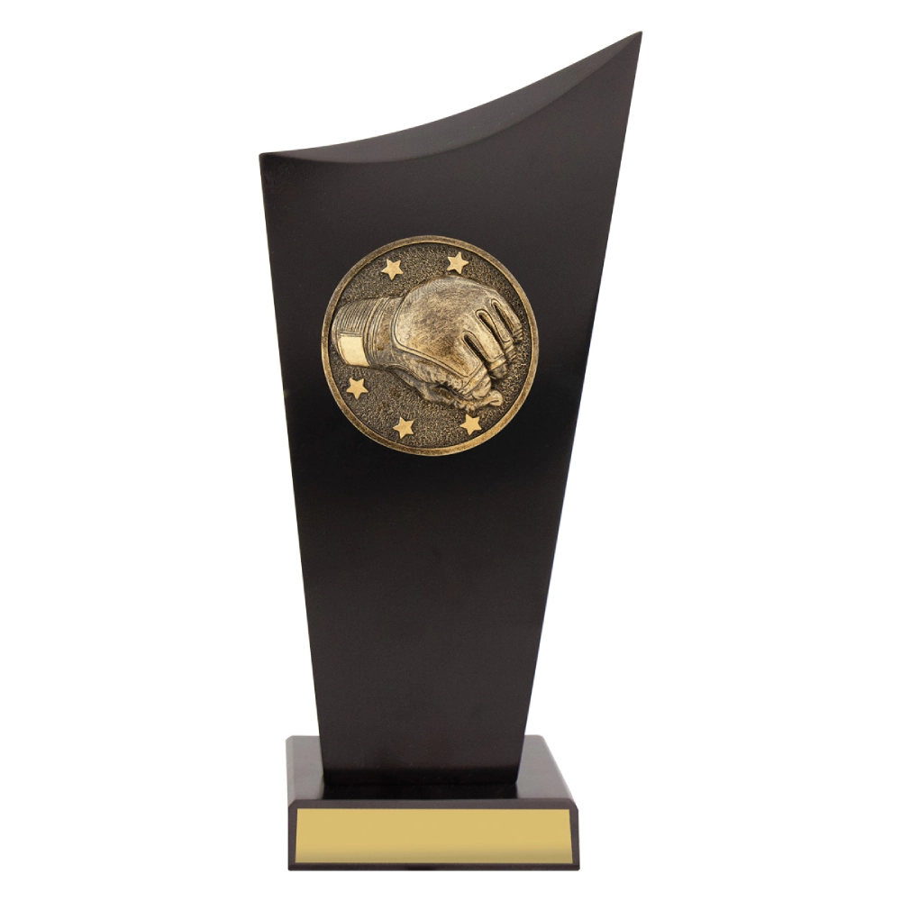 Medium black curved panel wrestling trophy with gold wrestling glove emblem and stars on front with gold engraving plate on base.