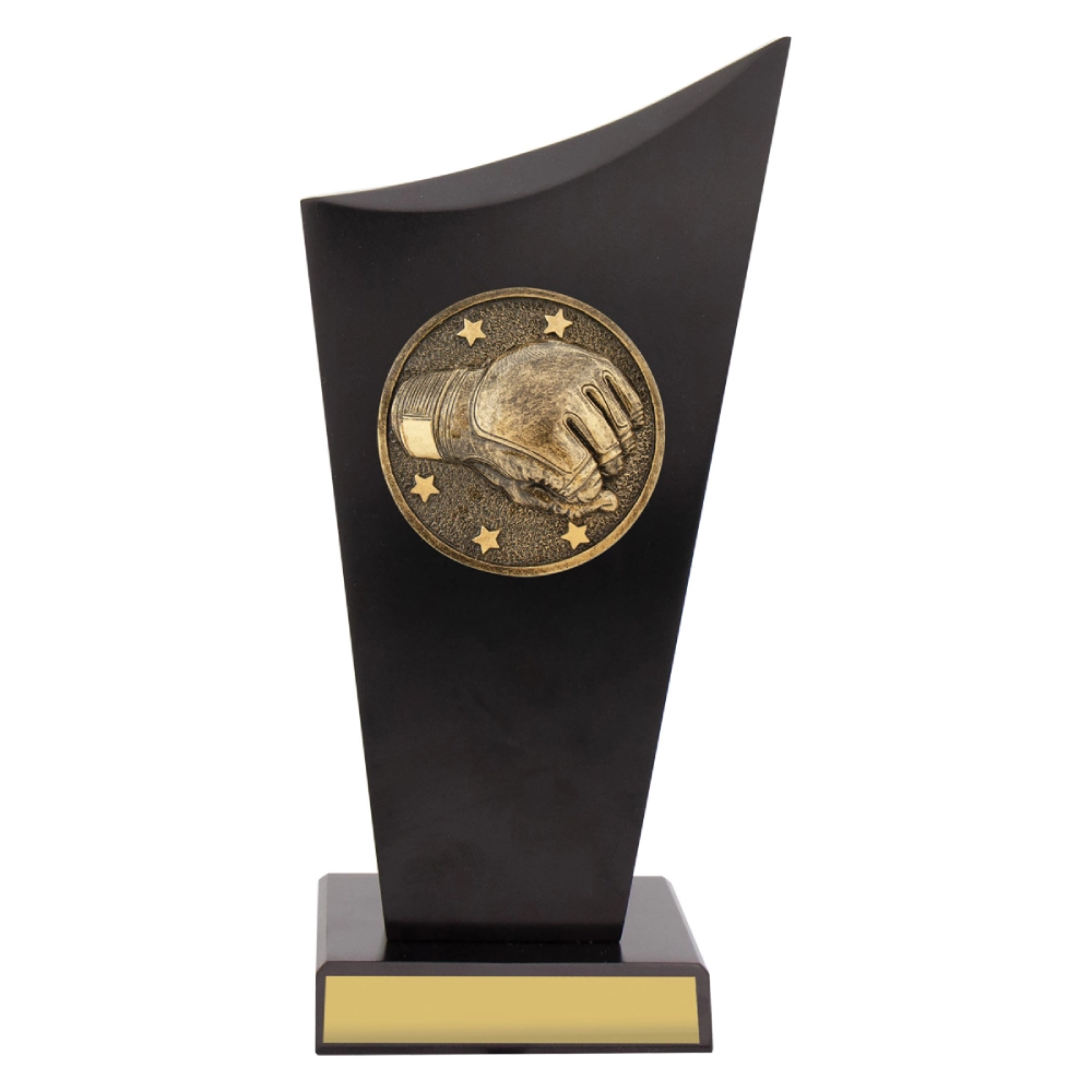 Small black curved panel wrestling trophy with gold wrestling glove emblem and stars on front with gold engraving plate on base.