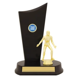 Wrestling trophy with black curved panel, gold wrestler figure on base, logo insert holder, and gold engraving plate