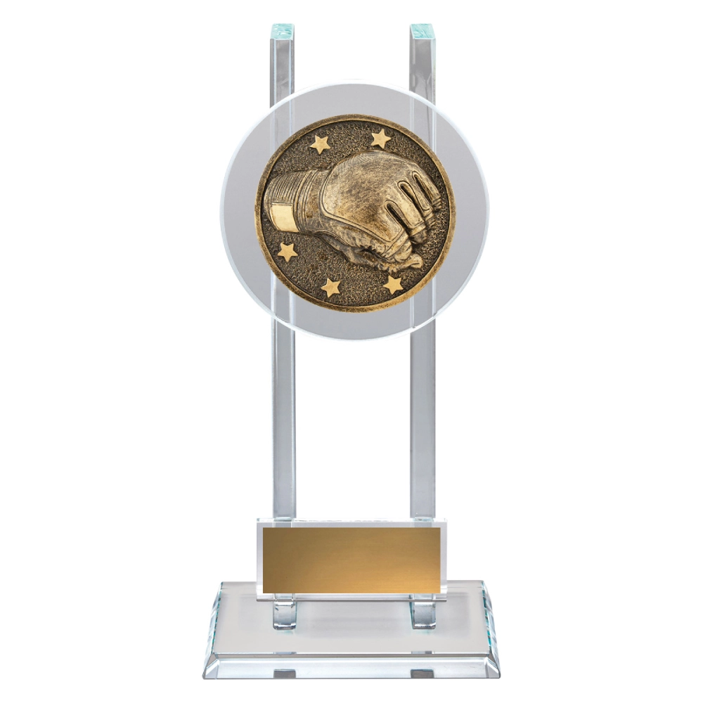 Clear glass wrestling trophy with round insert showing wrestling glove emblem and gold engraving plate on base.