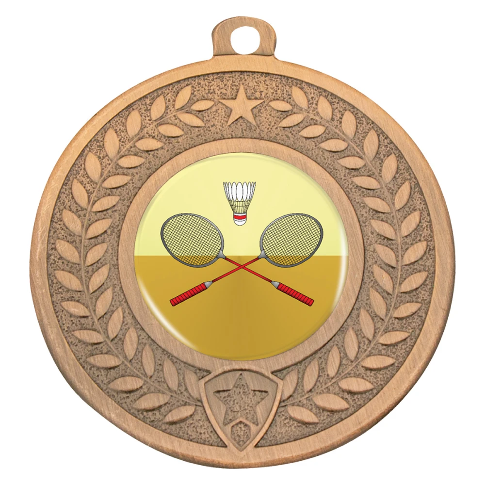 Round bronze medal with embossed laurel leaves and star detail along the outer edge. Centre insert displays crossed badminton rackets and shuttlecock. Includes top loop for ribbon attachment.