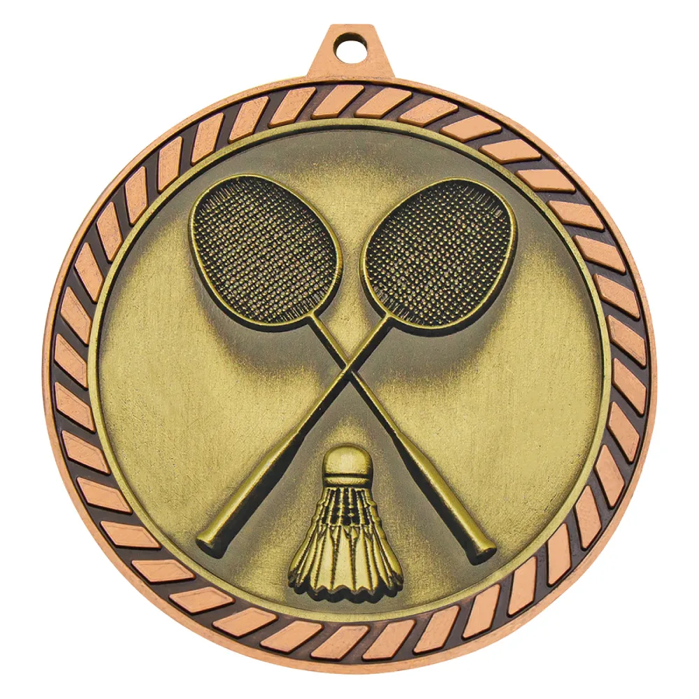Bronze badminton medal featuring crossed rackets and shuttlecock centre