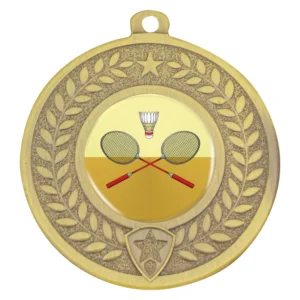 Round gold medal with embossed laurel wreath and star detail around the outer ring. Centre insert displays crossed badminton rackets and shuttlecock. Includes top loop for ribbon attachment.
