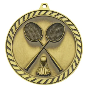 Gold badminton medal featuring crossed rackets and shuttlecock centre