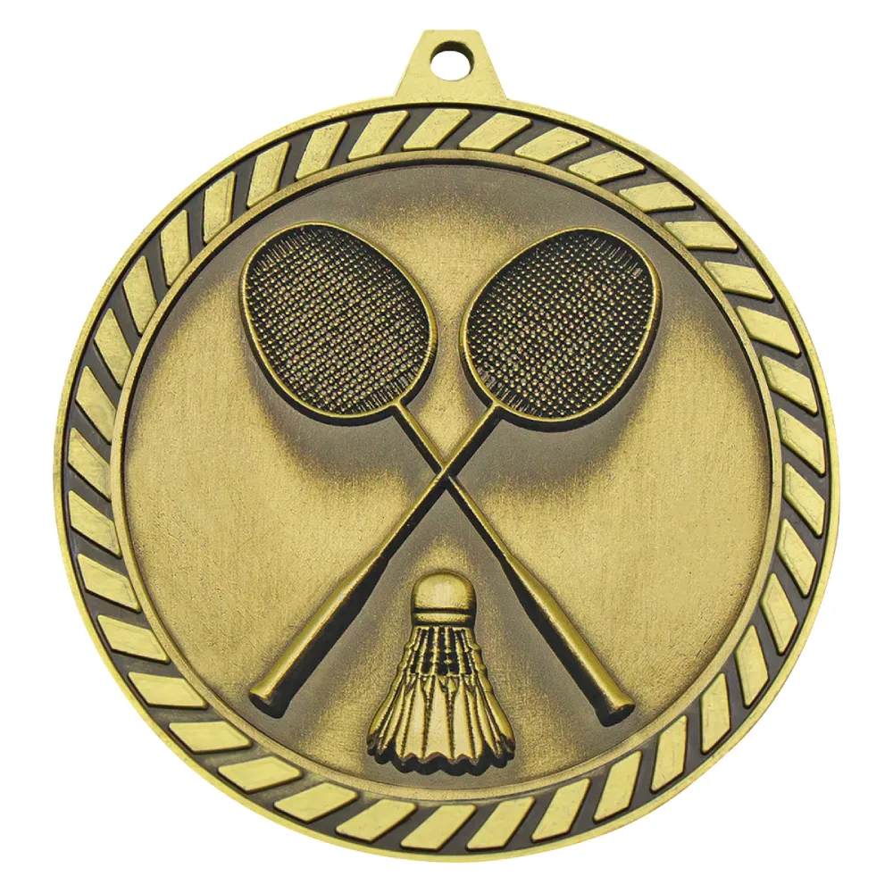 Gold badminton medal featuring crossed rackets and shuttlecock centre