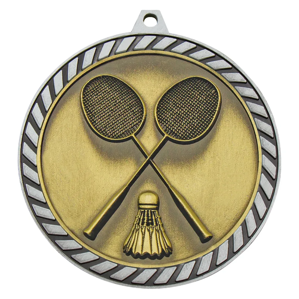 Silver badminton medal featuring crossed rackets and shuttlecock centre