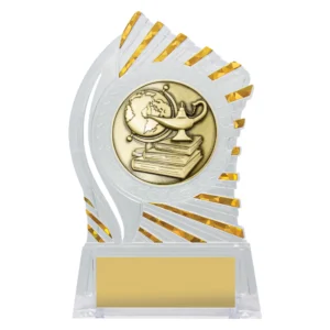 Clear acrylic academic trophy with gold globe, books and lamp insert and sunburst edge detail on base with engraving plate