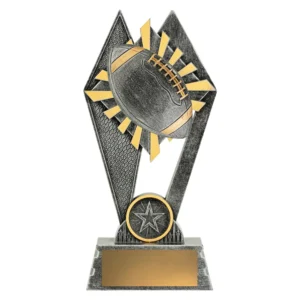 Small american football trophy with ball and sunburst design on textured frame base with engraving plate